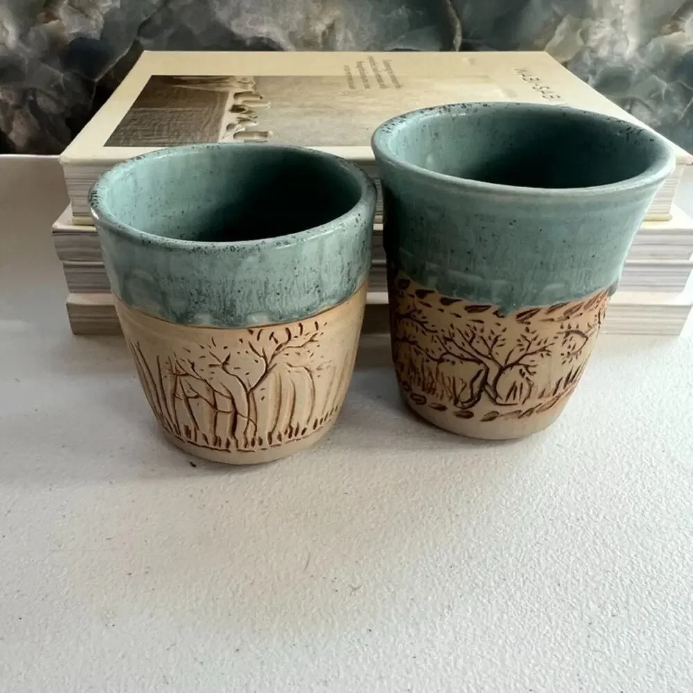 Unmarked Stoneware Tumbler Cups Speckled Blue Etched Tree Design Set of 2